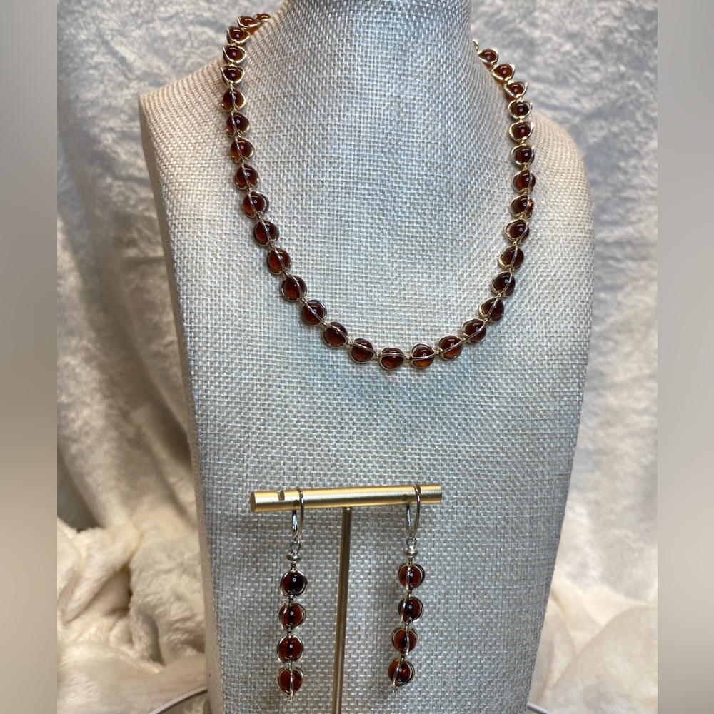 Brand NWT Amber Choker in Sterling Silver Cages 925 w Earrings Set 16” w 2” Ext.